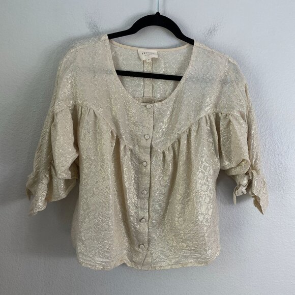 Sezane Womens 4 US Metallic Button Up Blouse 3/4 Ruched Sleeve Shirt Top - Picture 10 of 13